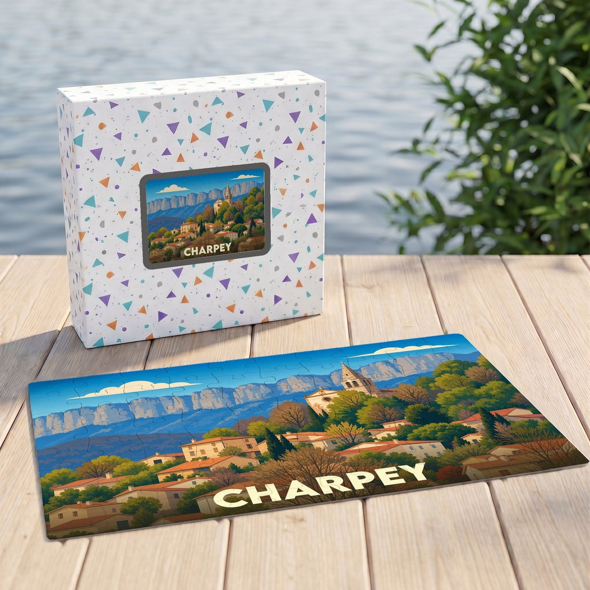 Puzzle souvenir de la ville de Charpey avec une illustration stylisée de son paysage et de ses montagnes.