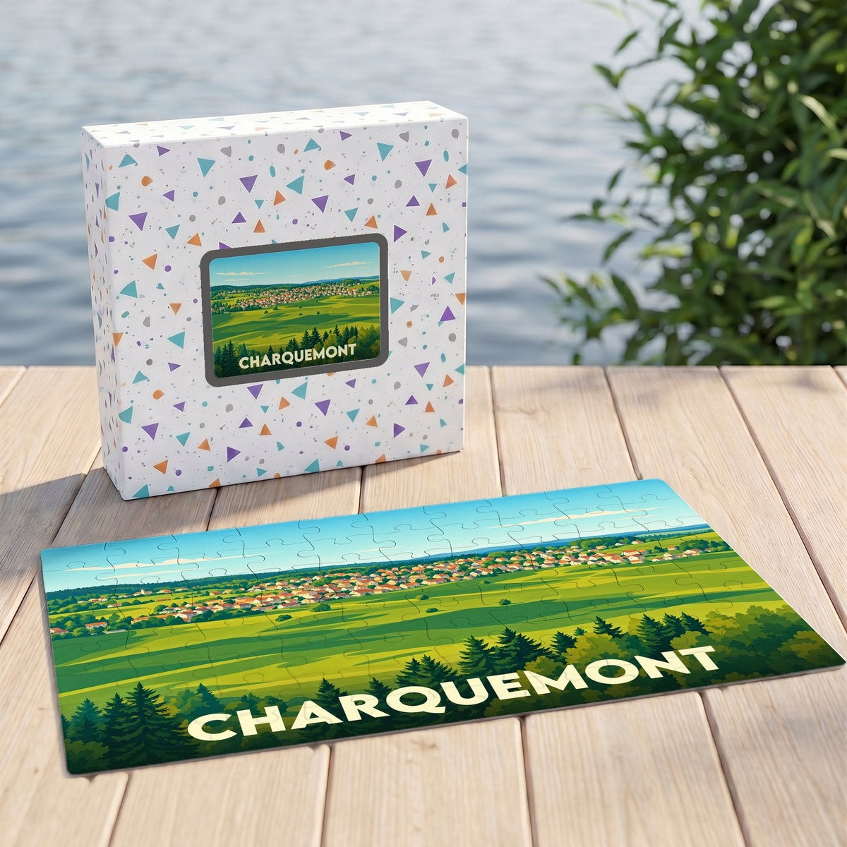 Puzzle souvenir de la ville de Charquemont avec une illustration paysagère stylisée.