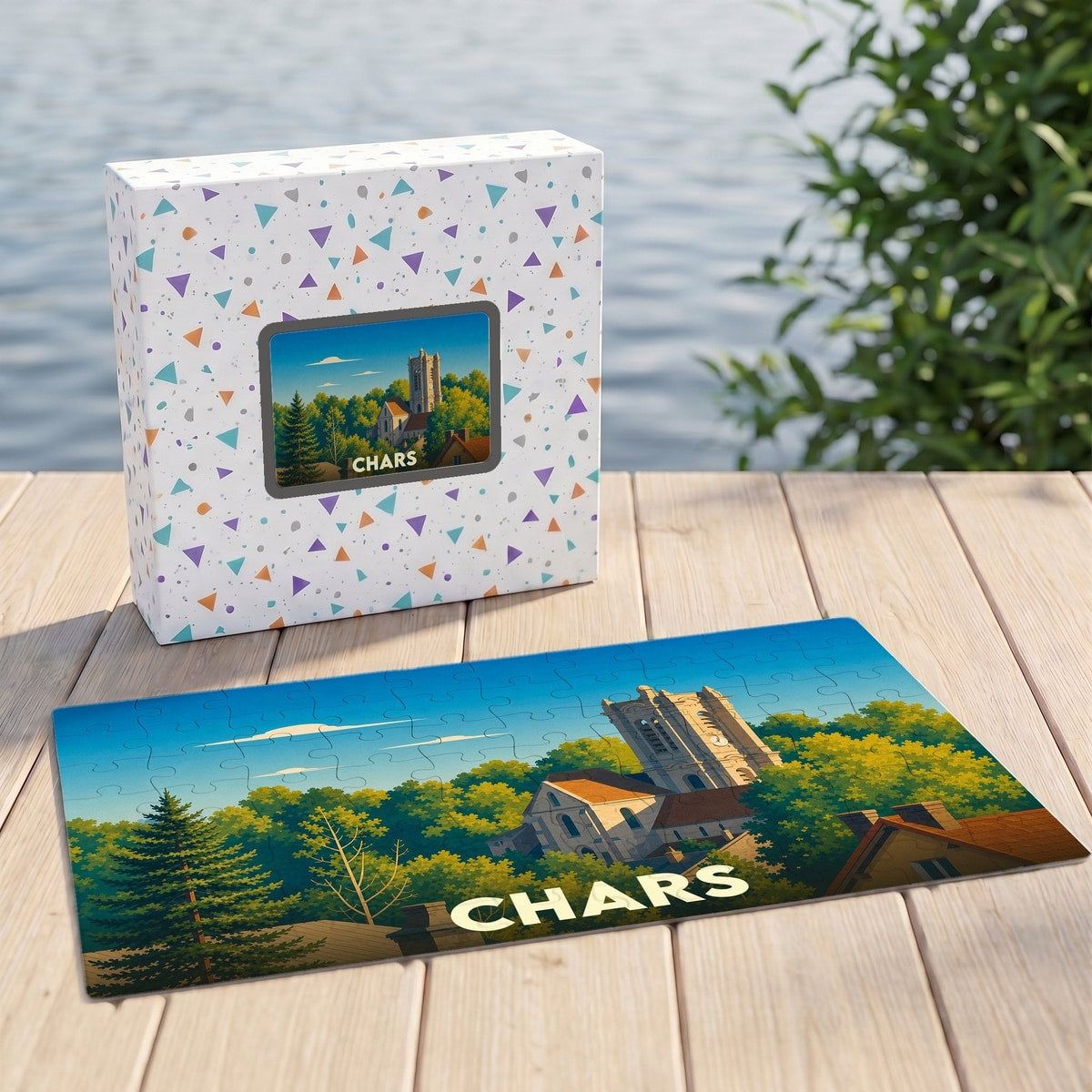 Puzzle souvenir de la ville de Chars avec une illustration stylisée d'une église entourée de verdure.