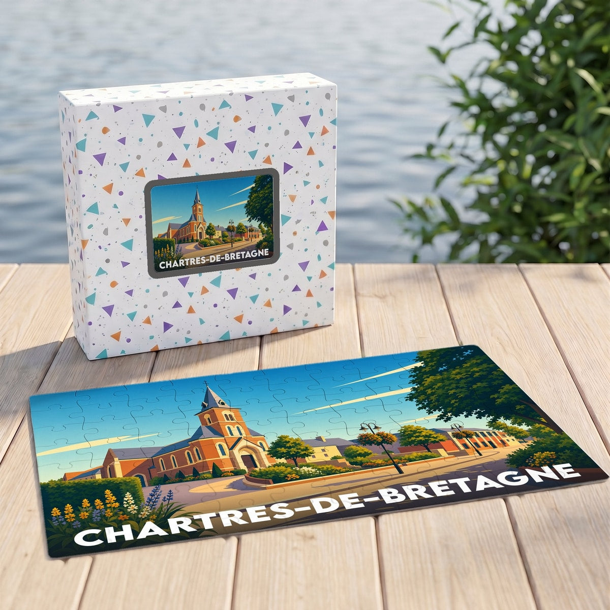 Puzzle souvenir de la ville de Chartres-de-Bretagne avec une illustration stylisée de son église.