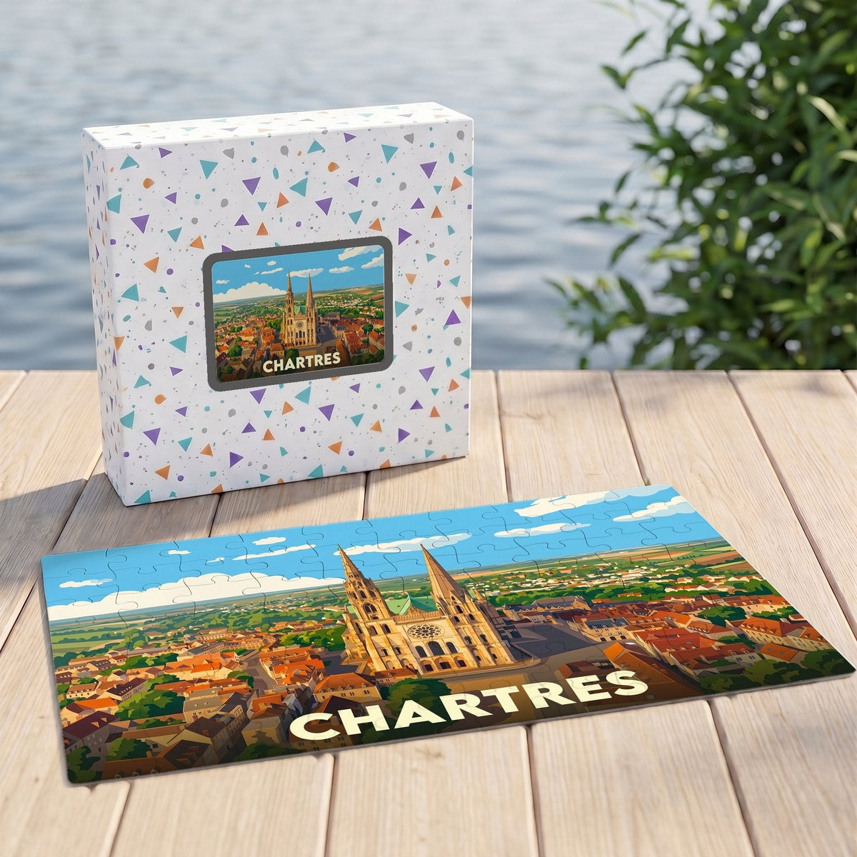 Puzzle souvenir de la ville de Chartres avec une illustration stylisée de sa cathédrale et de ses toits.