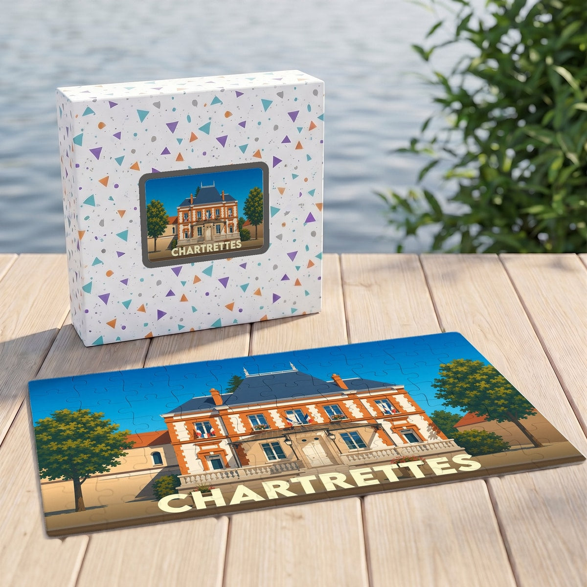 Puzzle souvenir de la ville de Chartrettes avec une illustration stylisée de son hôtel de ville.