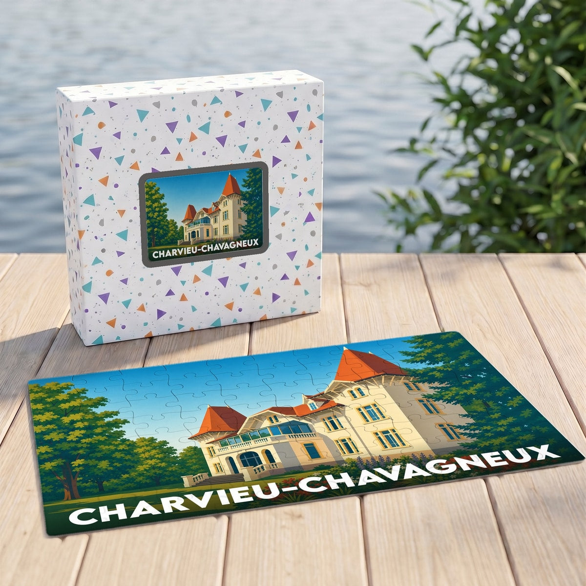 Puzzle souvenir de la ville de Charvieu-Chavagneux avec une illustration stylisée d'un manoir.