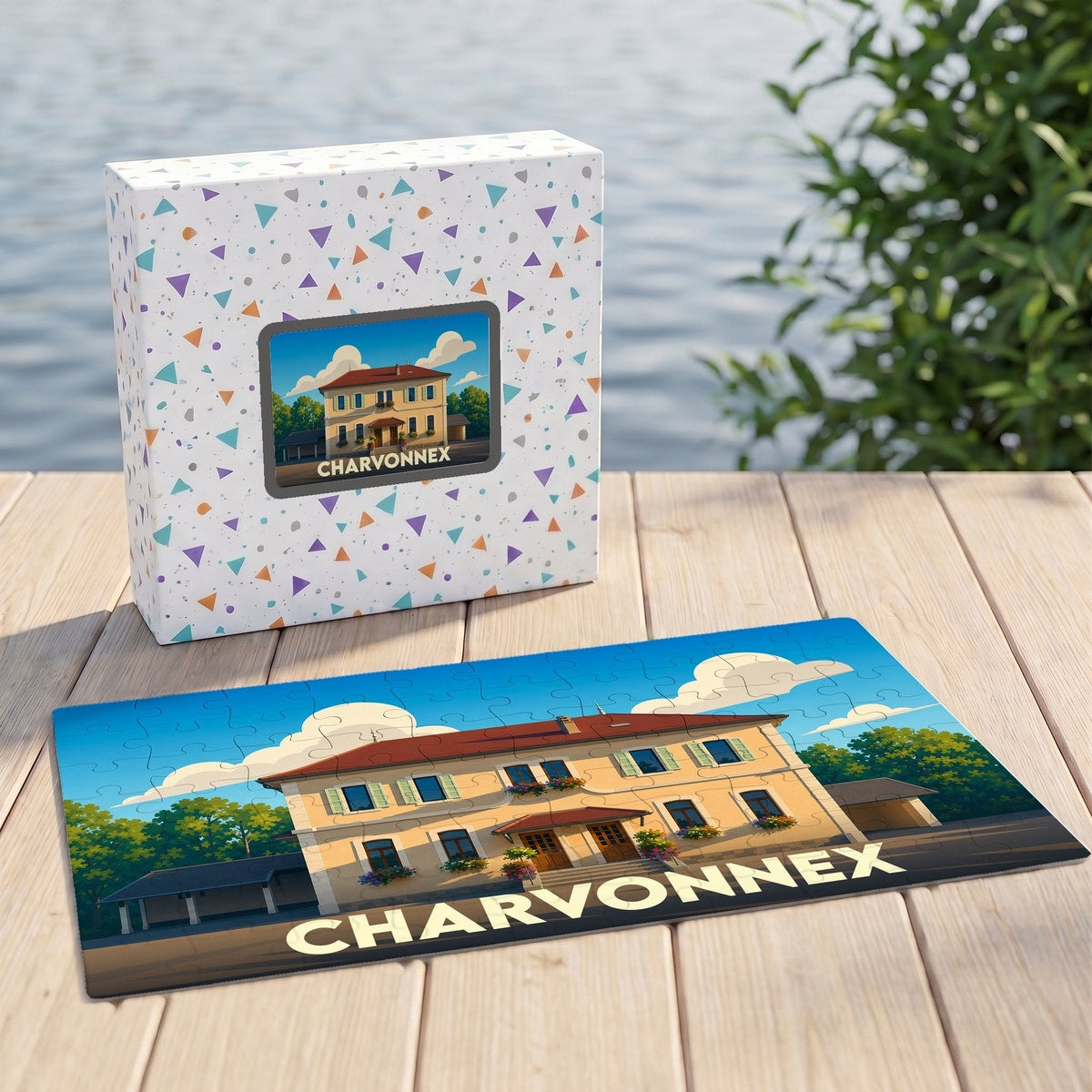 Puzzle souvenir de la ville de Charvonnex avec une illustration stylisée d'une grande demeure.