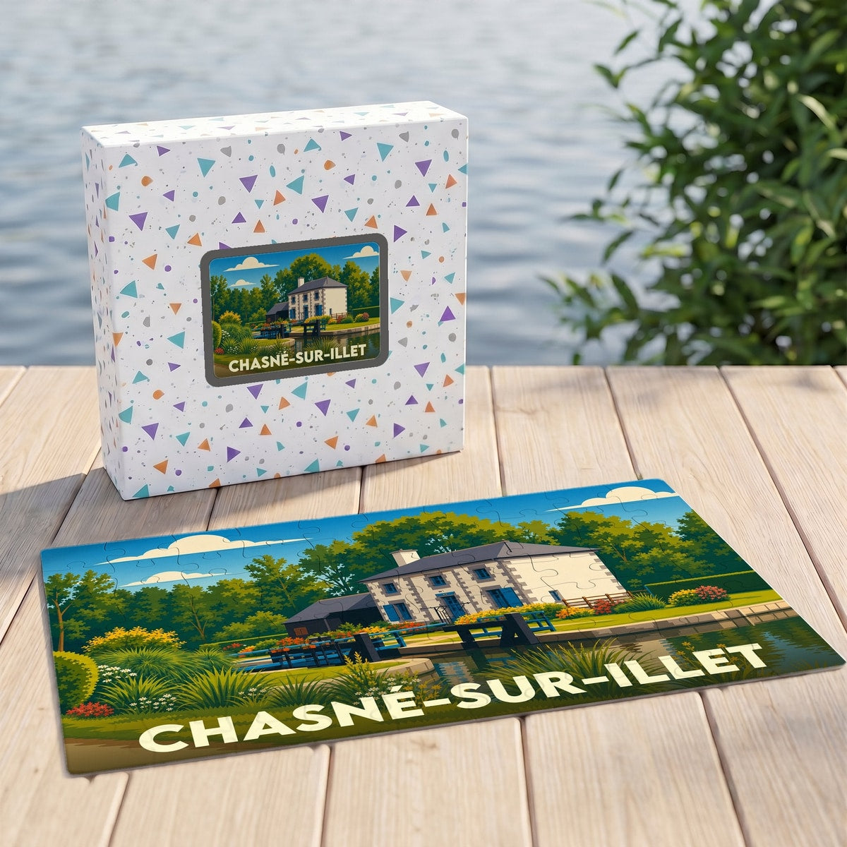 Puzzle souvenir de la ville de Chasné-sur-Illet avec une illustration stylisée d'une maison au bord de l'eau.