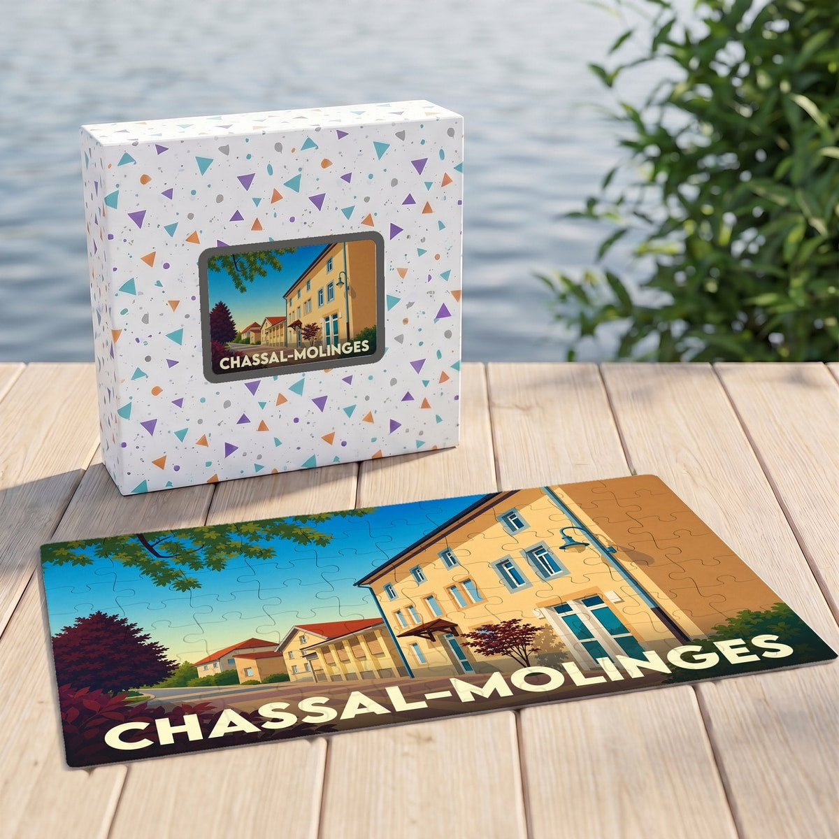 Puzzle souvenir de la ville de Chassal-Molinges avec une illustration stylisée de ses bâtiments.