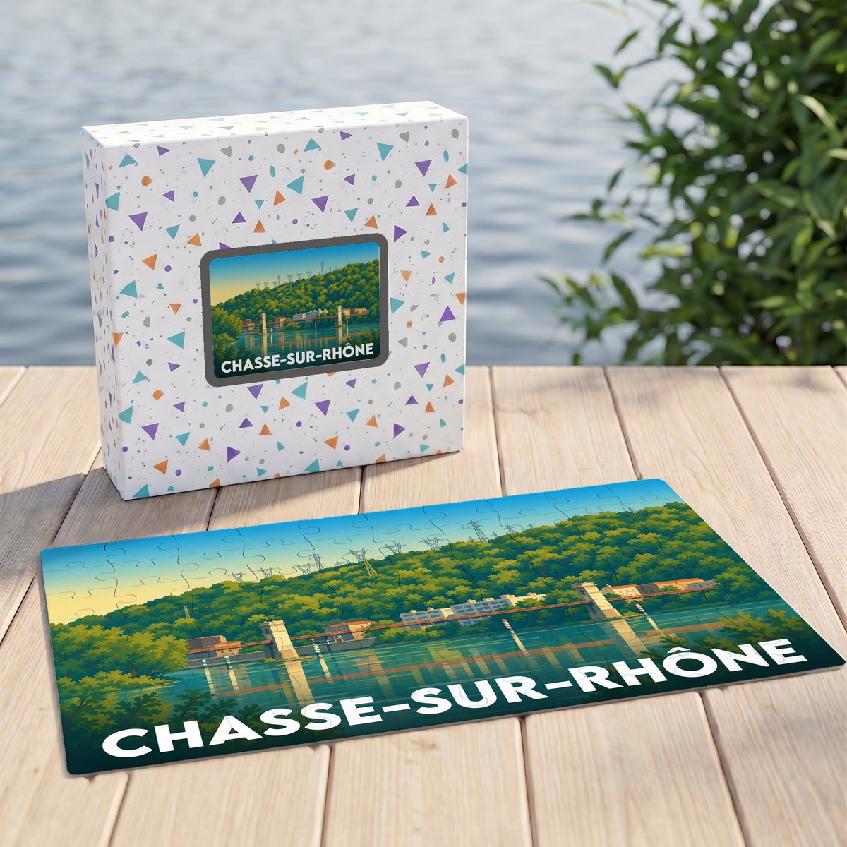 Puzzle souvenir de la ville de Chasse-sur-Rhône avec une illustration stylisée de son paysage fluvial.