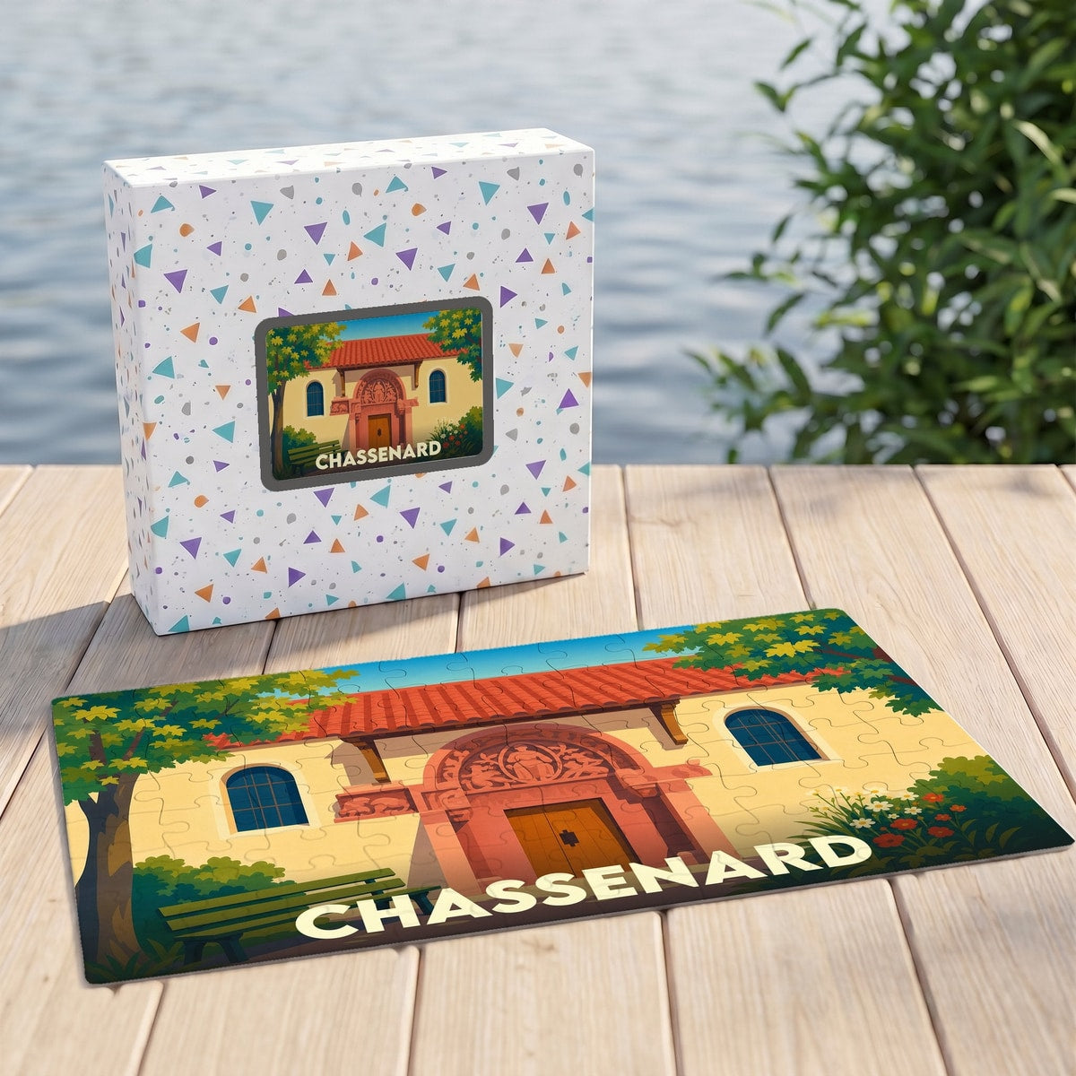 Puzzle souvenir de la ville de Chassenard représentant une illustration stylisée de son église.