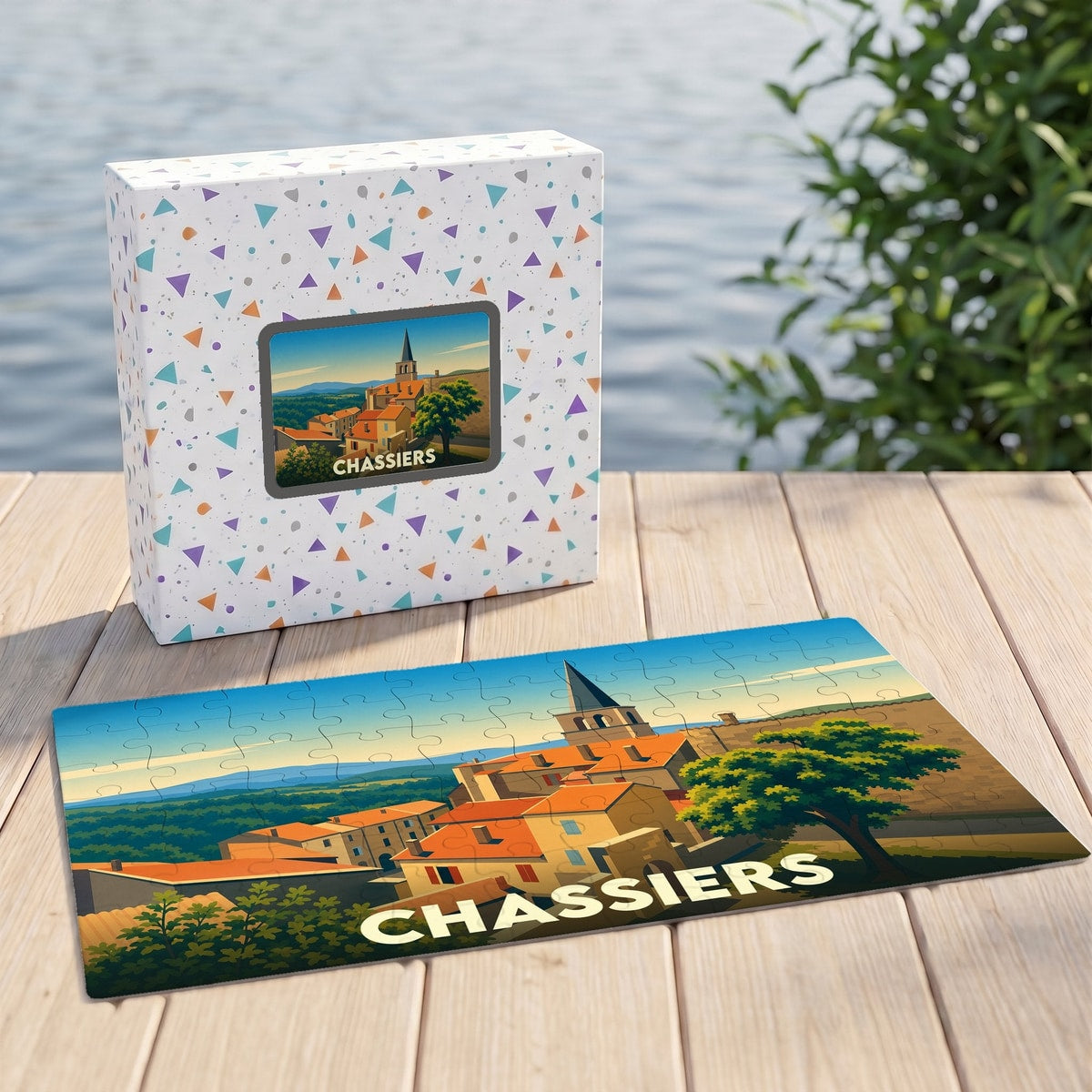 Puzzle souvenir de la ville de Chassiers avec une illustration stylisée de son clocher et de ses maisons provençales.