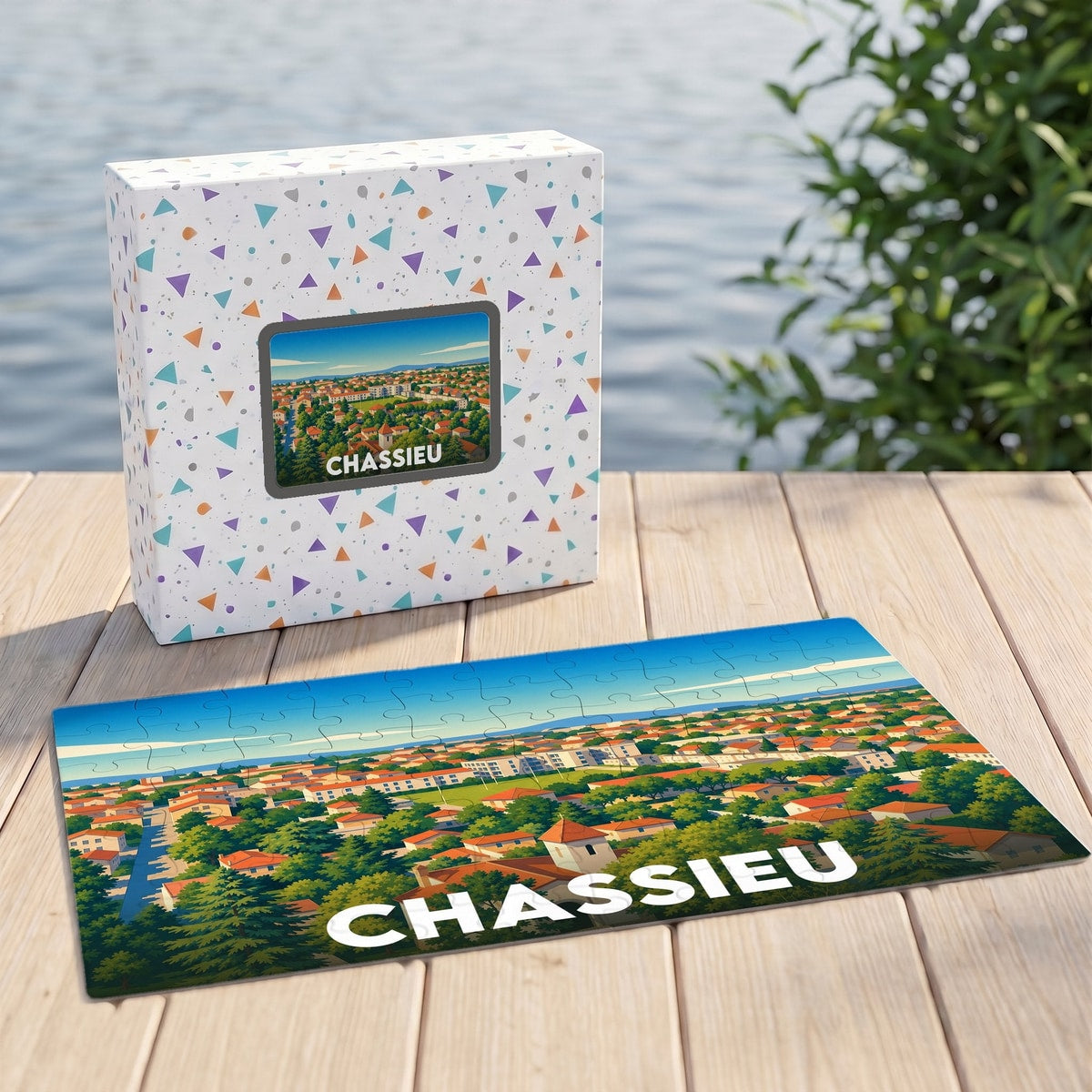 Puzzle souvenir de la ville de Chassieu avec une illustration stylisée d'un paysage urbain verdoyant.