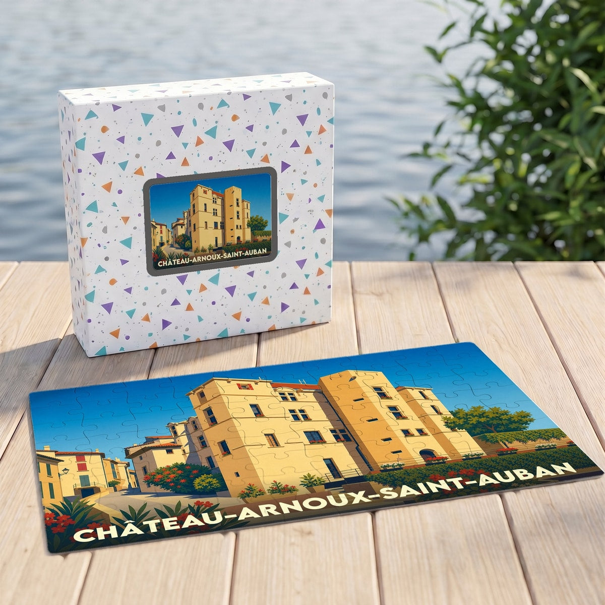Puzzle souvenir de la ville de Château-Arnoux-Saint-Auban avec une illustration stylisée d'un château provençal.