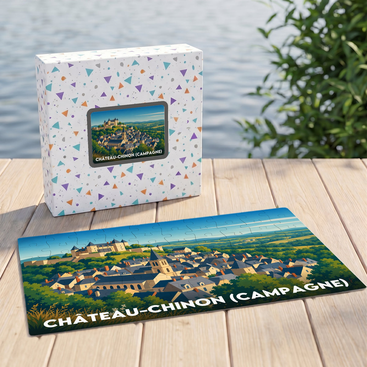 Puzzle souvenir de la ville de Château-Chinon (Campagne) présentant une illustration stylisée d'un paysage urbain et champêtre.