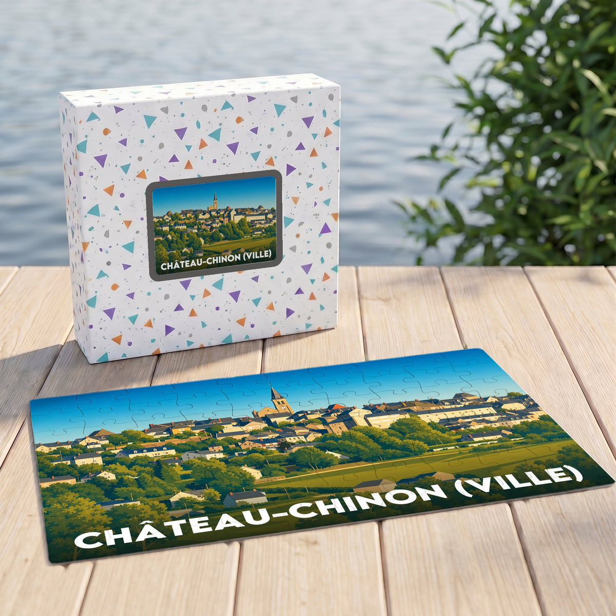 Puzzle souvenir de la ville de Château-Chinon (Ville) avec une illustration panoramique stylisée.