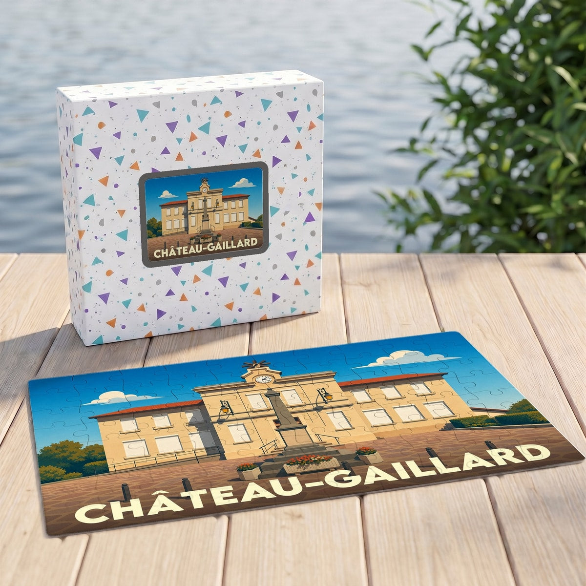 Puzzle souvenir de la ville de Château-Gaillard avec une illustration stylisée.