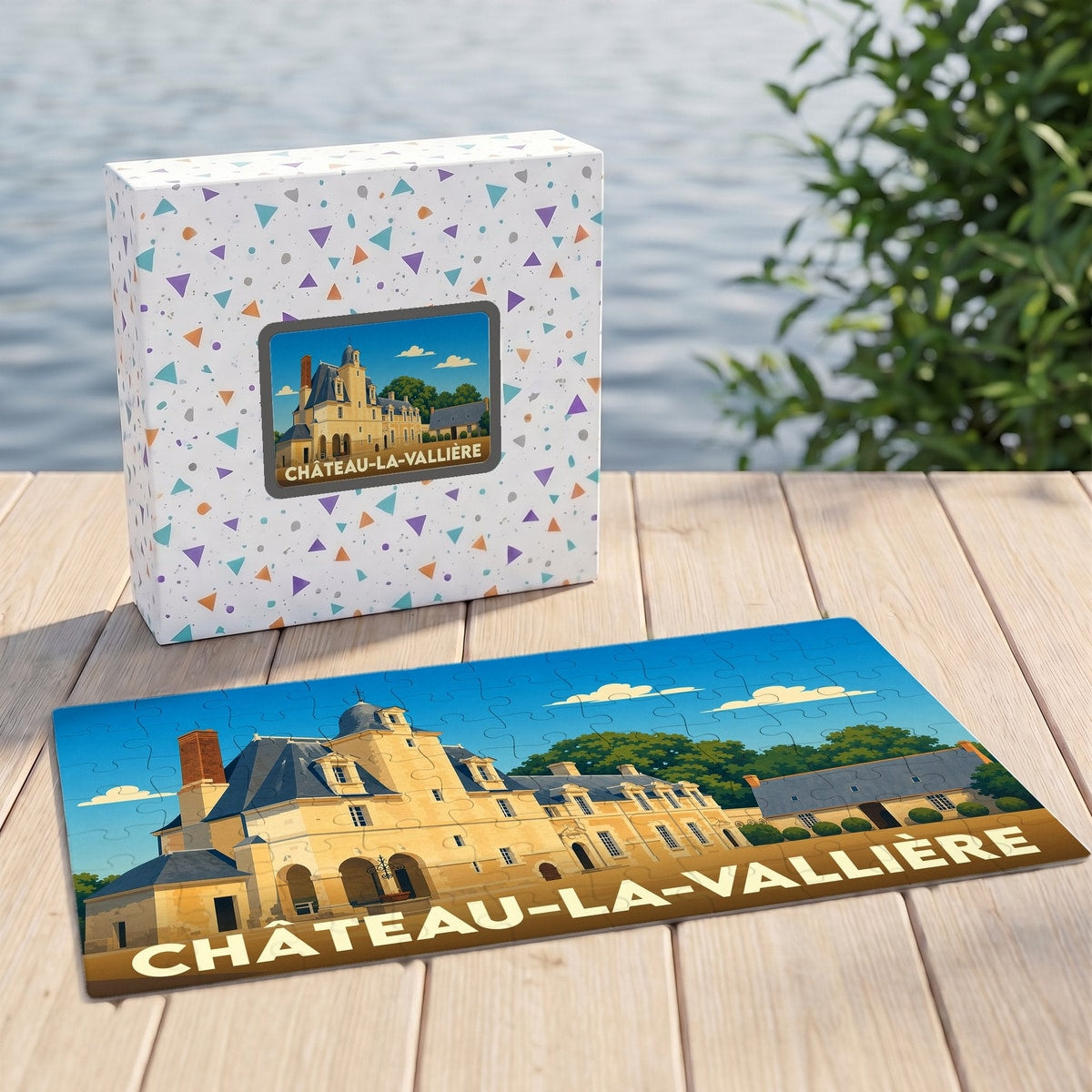 Puzzle souvenir de la ville de Château-la-Vallière avec une illustration stylisée du château.