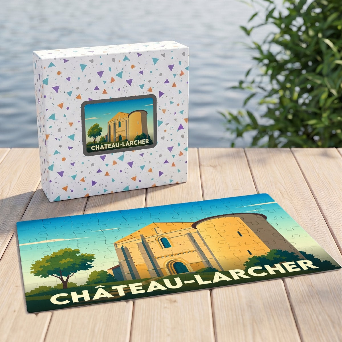Puzzle souvenir de la ville de Château-Larcher avec une illustration stylisée et colorée.