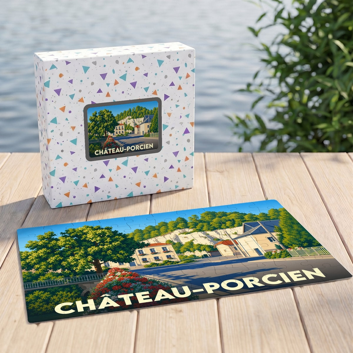 Puzzle souvenir de la ville de Château-Porcien avec une illustration graphique colorée et sa boîte assortie.