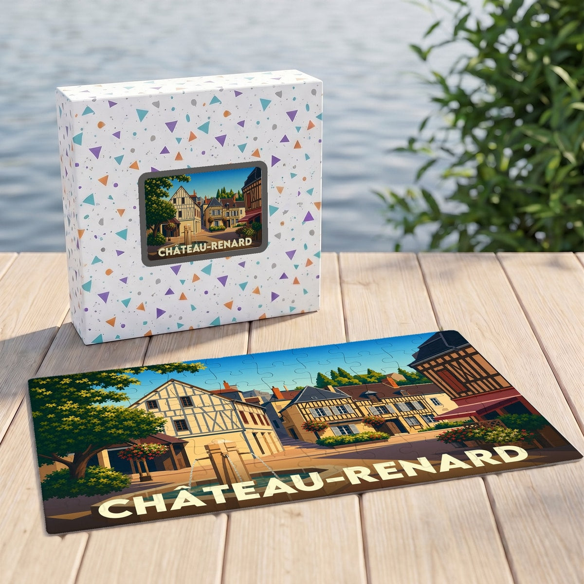 Puzzle souvenir de la ville de Château-Renard avec une illustration colorée de ses maisons à colombages.