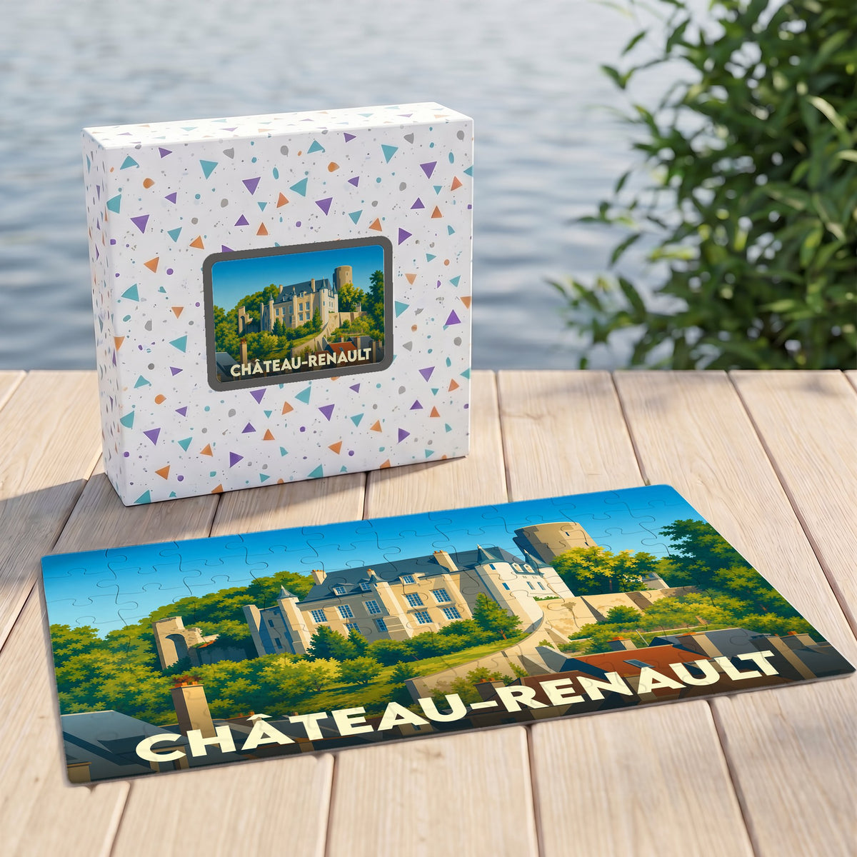 Puzzle souvenir de la ville de Château-Renault avec une illustration stylisée d'un château.
