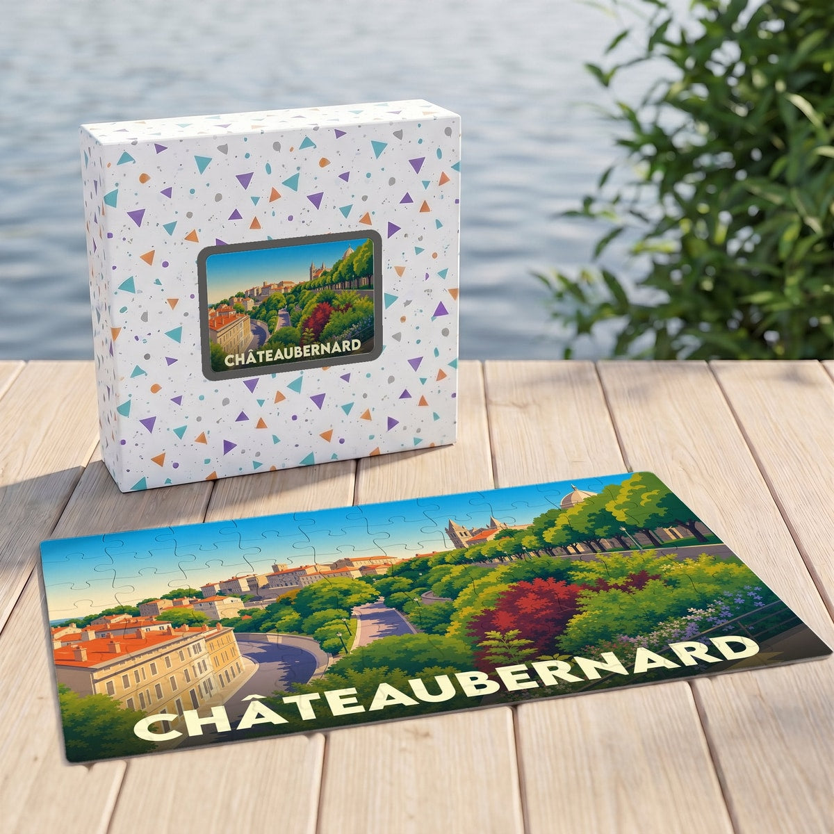 Puzzle souvenir de la ville de Châteaubernard illustré d'un paysage urbain coloré.