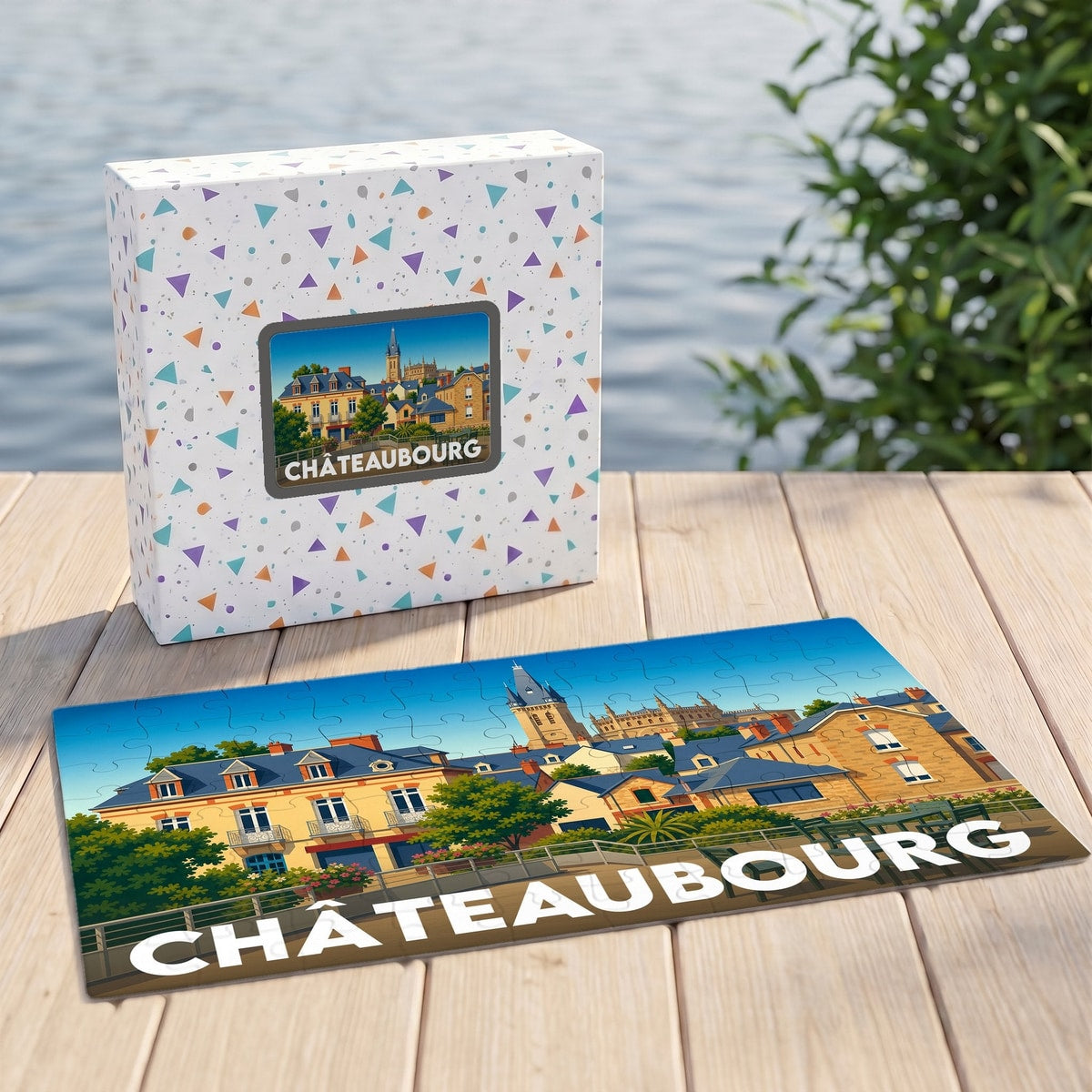 Puzzle souvenir de la ville de Châteaubourg avec son illustration colorée et sa boîte assortie.