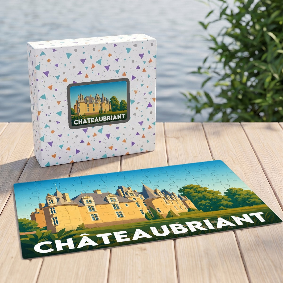 Puzzle souvenir de la ville de Châteaubriant présentant une illustration stylisée de son château.