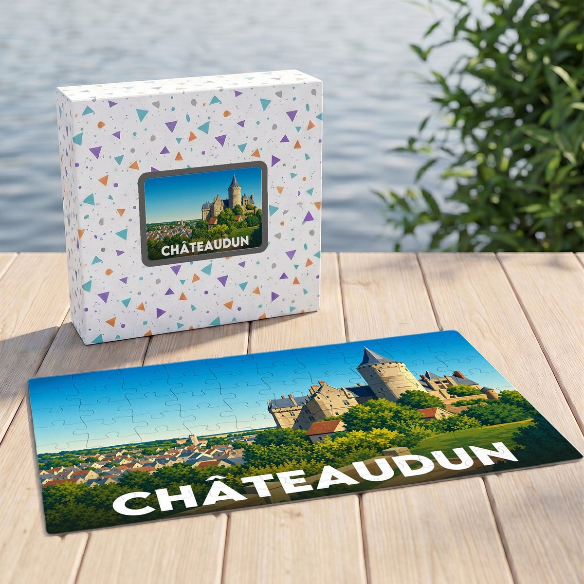 Puzzle souvenir de la ville de Châteaudun avec une illustration stylisée du château et de la ville.