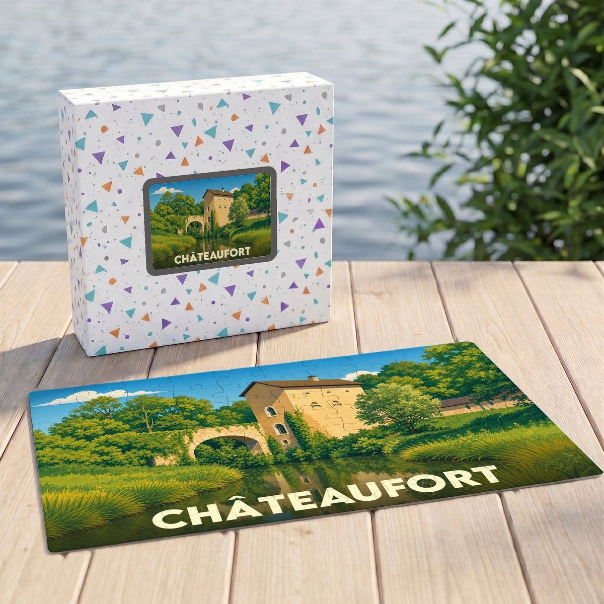 Puzzle souvenir de la ville de Châteaufort illustrant un paysage bucolique avec un pont et un bâtiment historique.