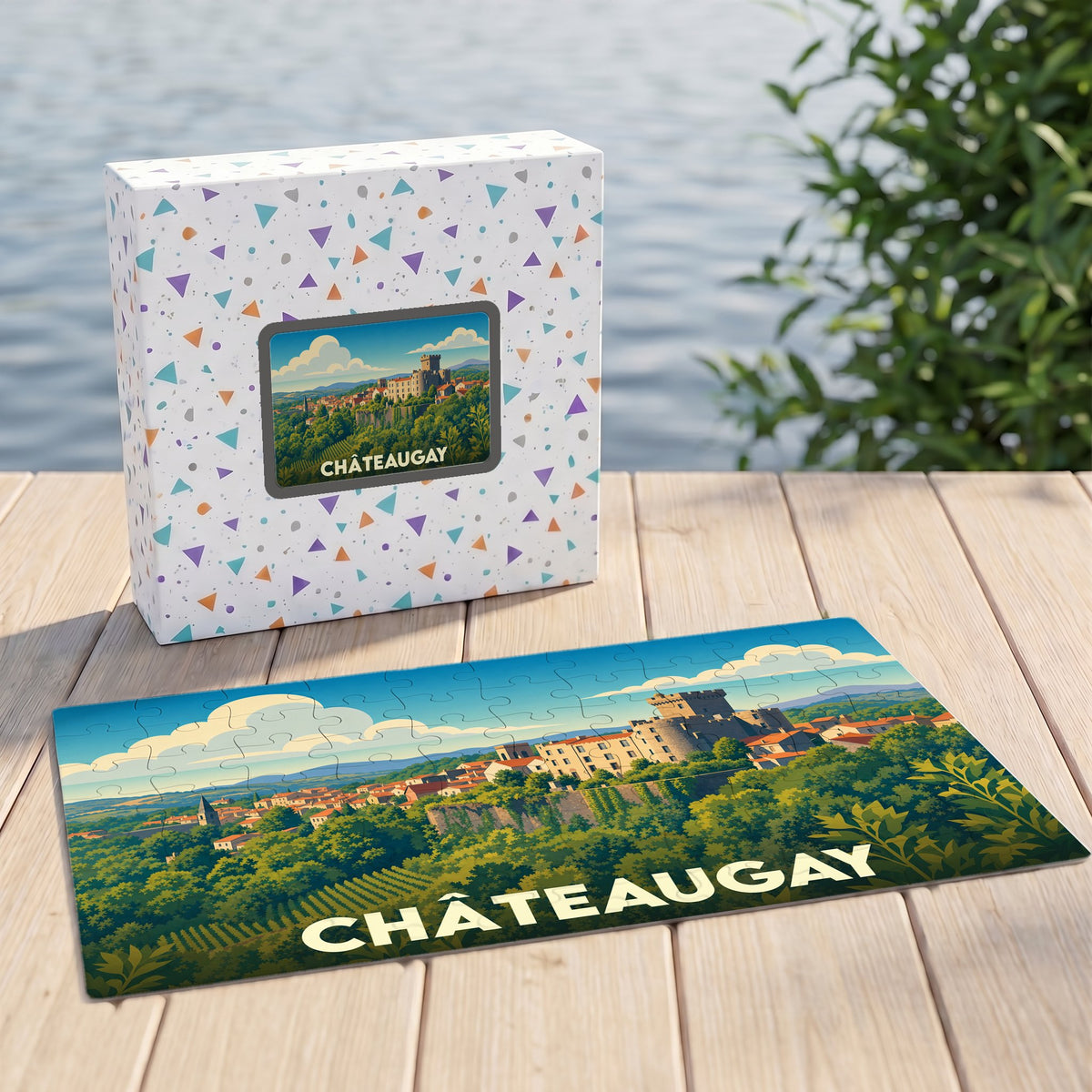 Puzzle souvenir de la ville de Châteaugay avec une illustration paysagère stylisée.