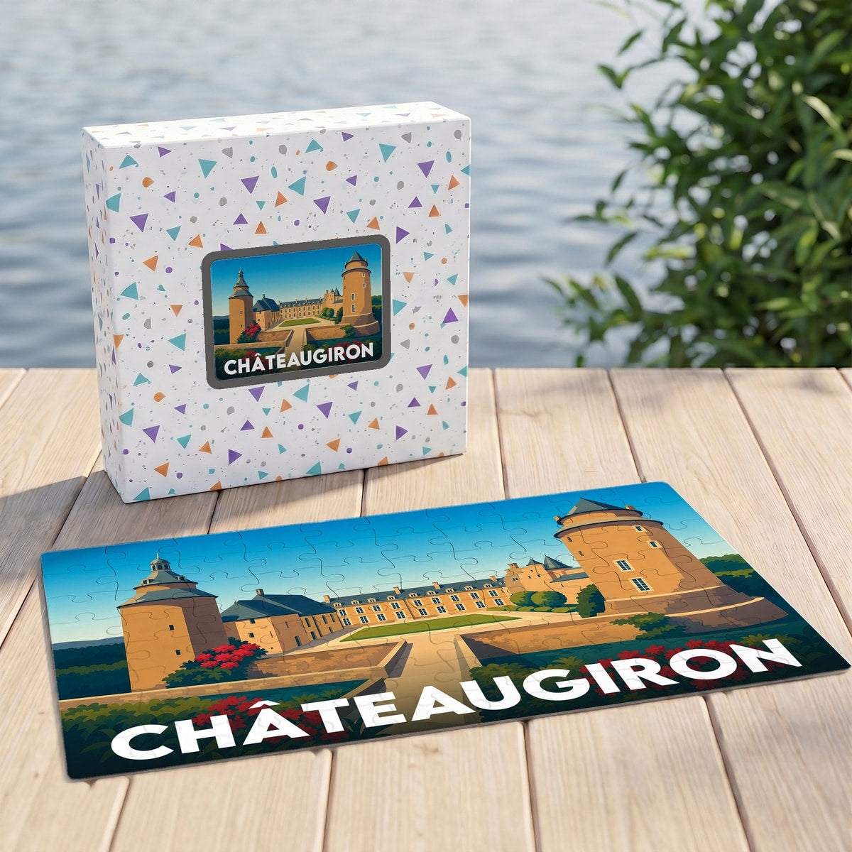 Puzzle souvenir de la ville de Châteaugiron avec une illustration stylisée du château et de ses tours.