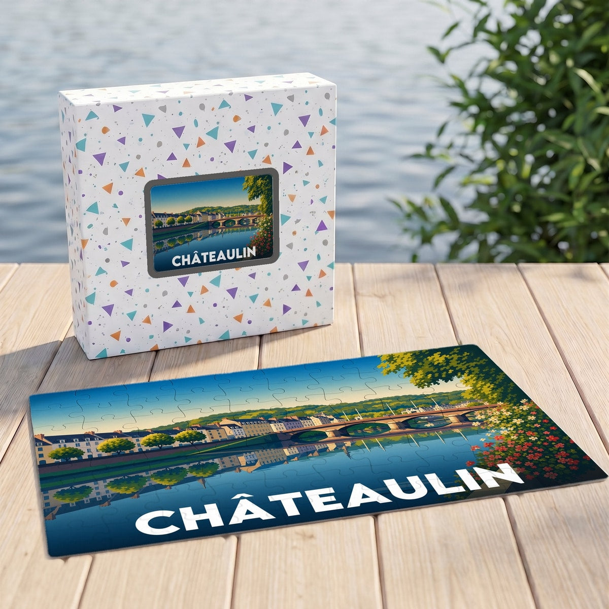 Puzzle souvenir de la ville de Châteaulin avec une illustration stylisée d'un pont se reflétant dans l'eau.