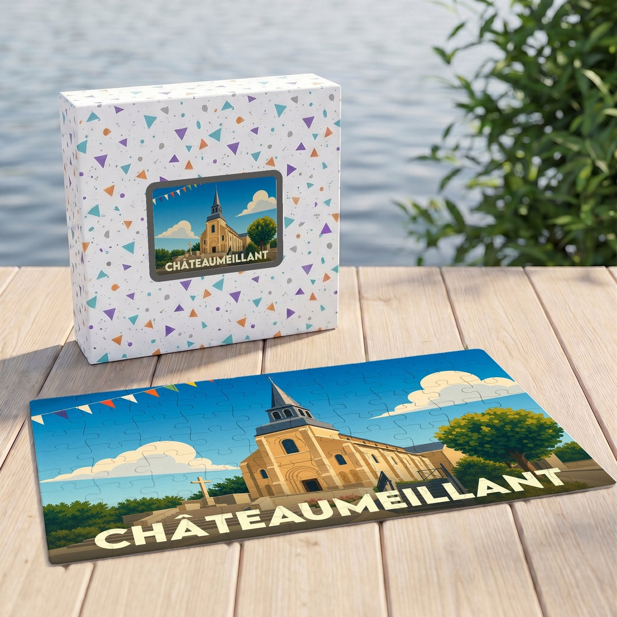 Puzzle souvenir de la ville de Châteaumeillant avec une illustration stylisée d'une église sous un ciel bleu.