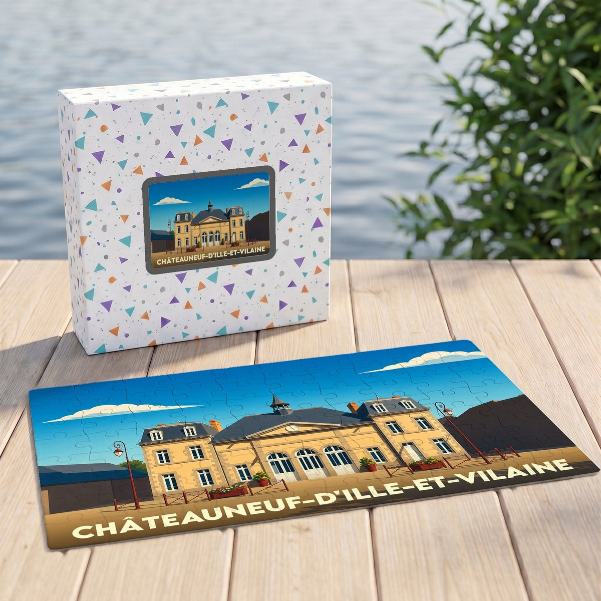 Puzzle souvenir de la ville de Châteauneuf-d'Ille-et-Vilaine avec une illustration stylisée.