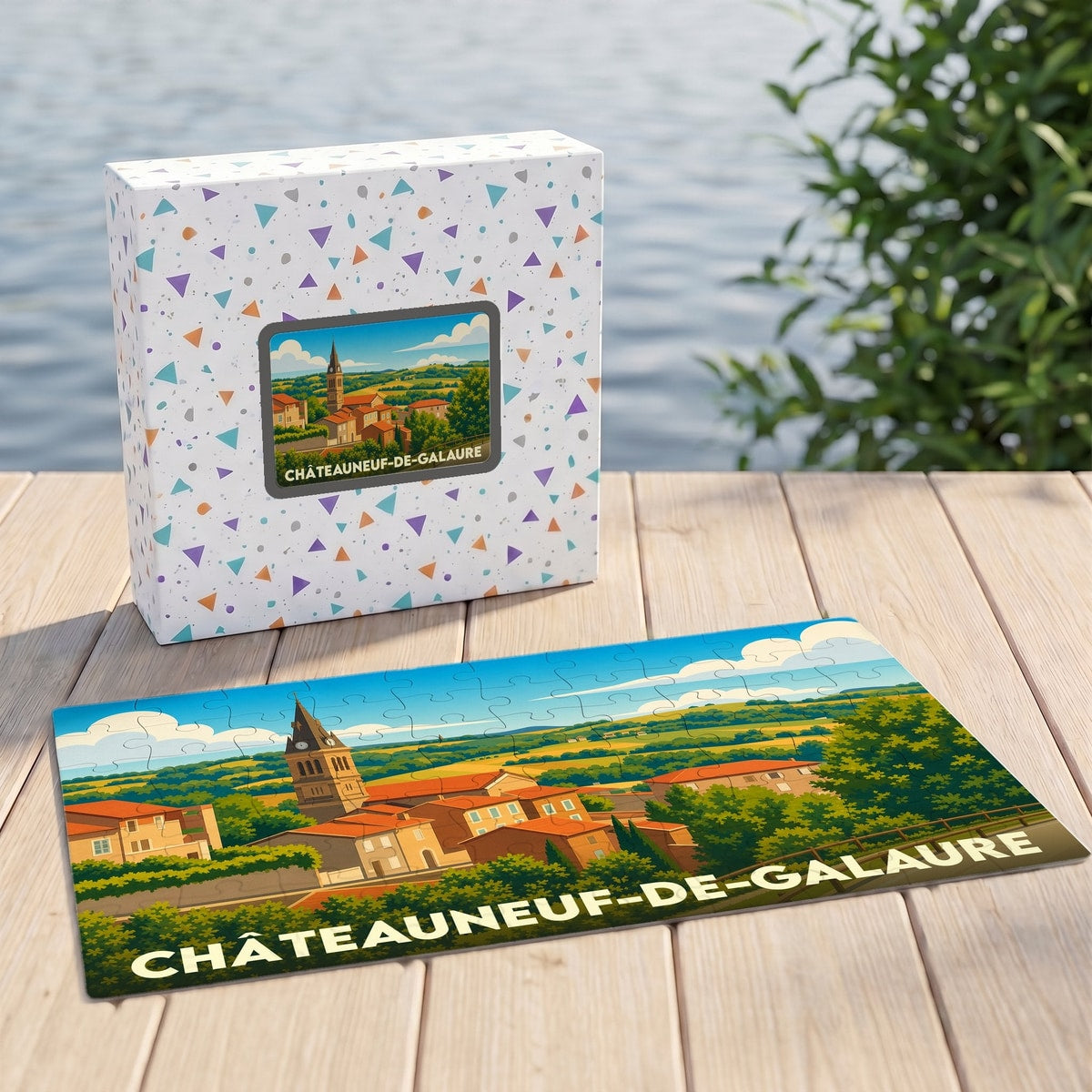 Puzzle souvenir de la ville de Châteauneuf-de-Galaure avec une illustration stylisée de son paysage urbain.
