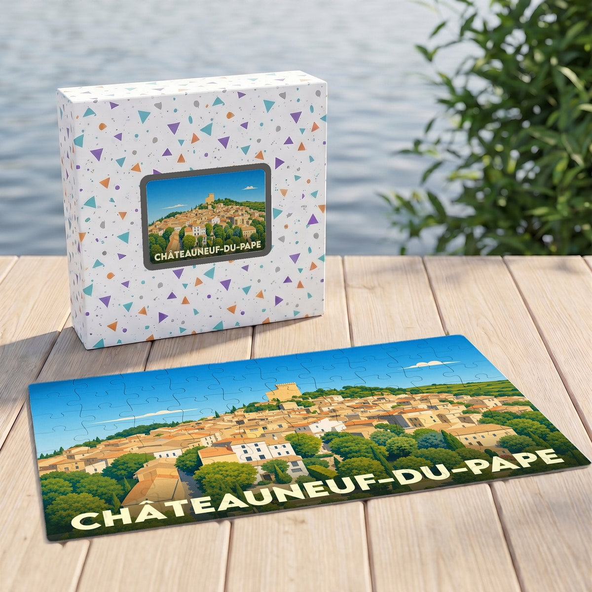 Puzzle souvenir de la ville de Châteauneuf-du-Pape avec une illustration panoramique stylisée.