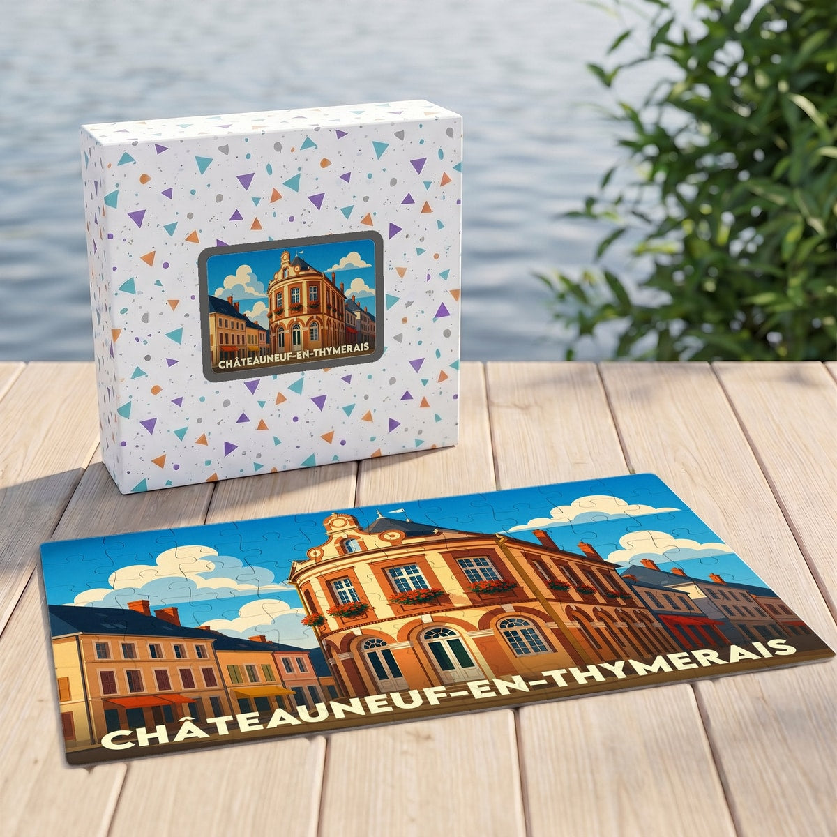 Puzzle souvenir de la ville de Châteauneuf-en-Thymerais avec une illustration stylisée de son architecture.