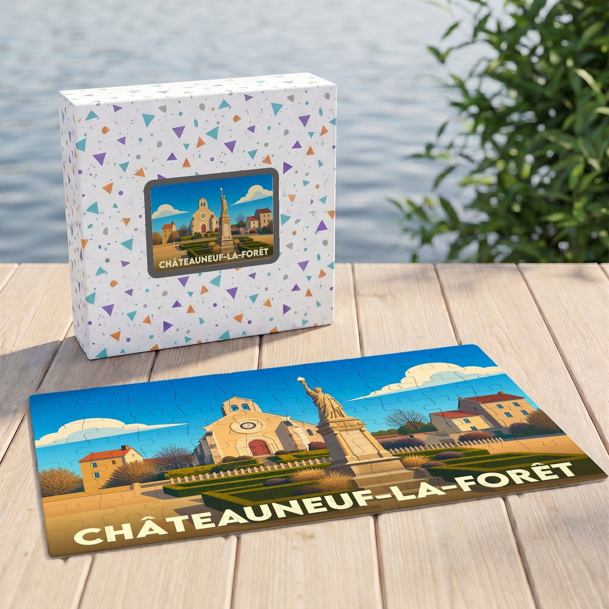 Puzzle souvenir de la ville de Châteauneuf-la-Forêt avec une illustration stylisée d'une église et d'une statue.