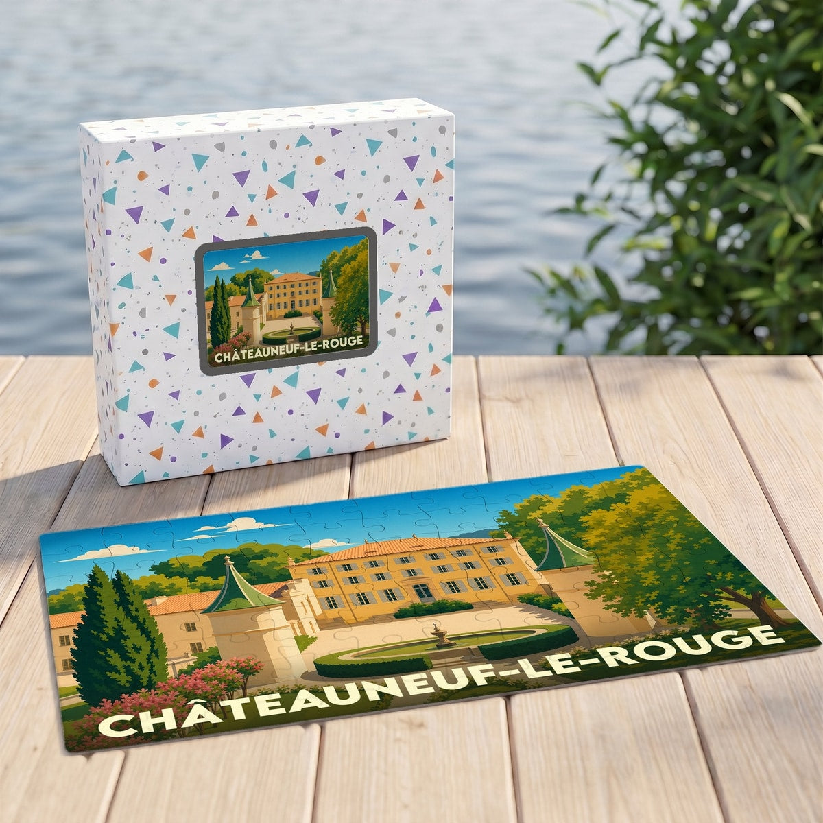 Puzzle souvenir de la ville de Châteauneuf-le-Rouge avec une illustration stylisée de son château.
