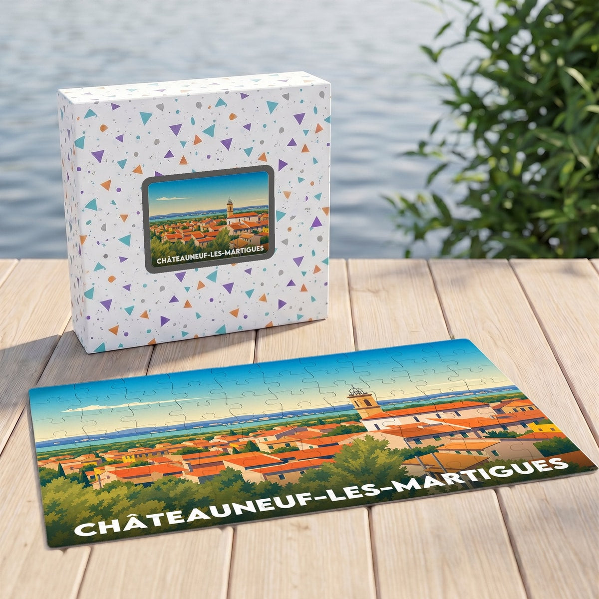 Puzzle souvenir de la ville de Châteauneuf-les-Martigues avec une illustration stylisée de ses toits provençaux.