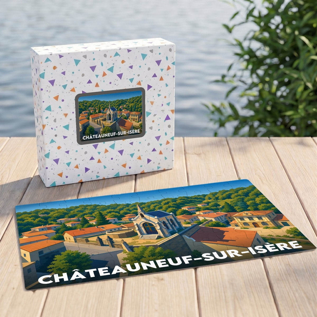 Puzzle souvenir de la ville de Châteauneuf-sur-Isère avec une illustration stylisée et colorée.