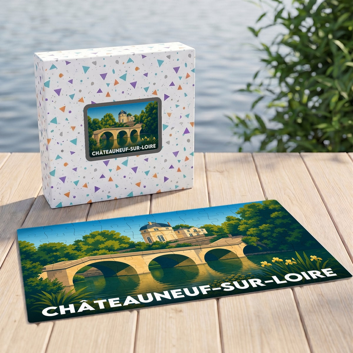 Puzzle souvenir de la ville de Châteauneuf-sur-Loire illustré par un paysage stylisé avec son pont et son château.