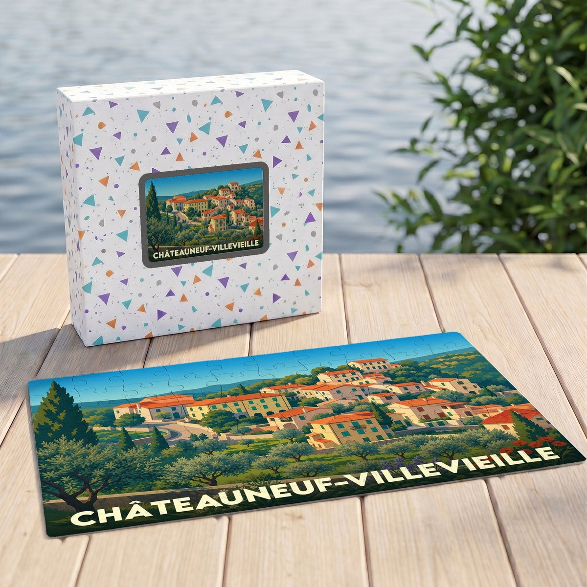 Puzzle souvenir de la ville de Châteauneuf-Villevieille avec une illustration stylisée de ses maisons provençales.
