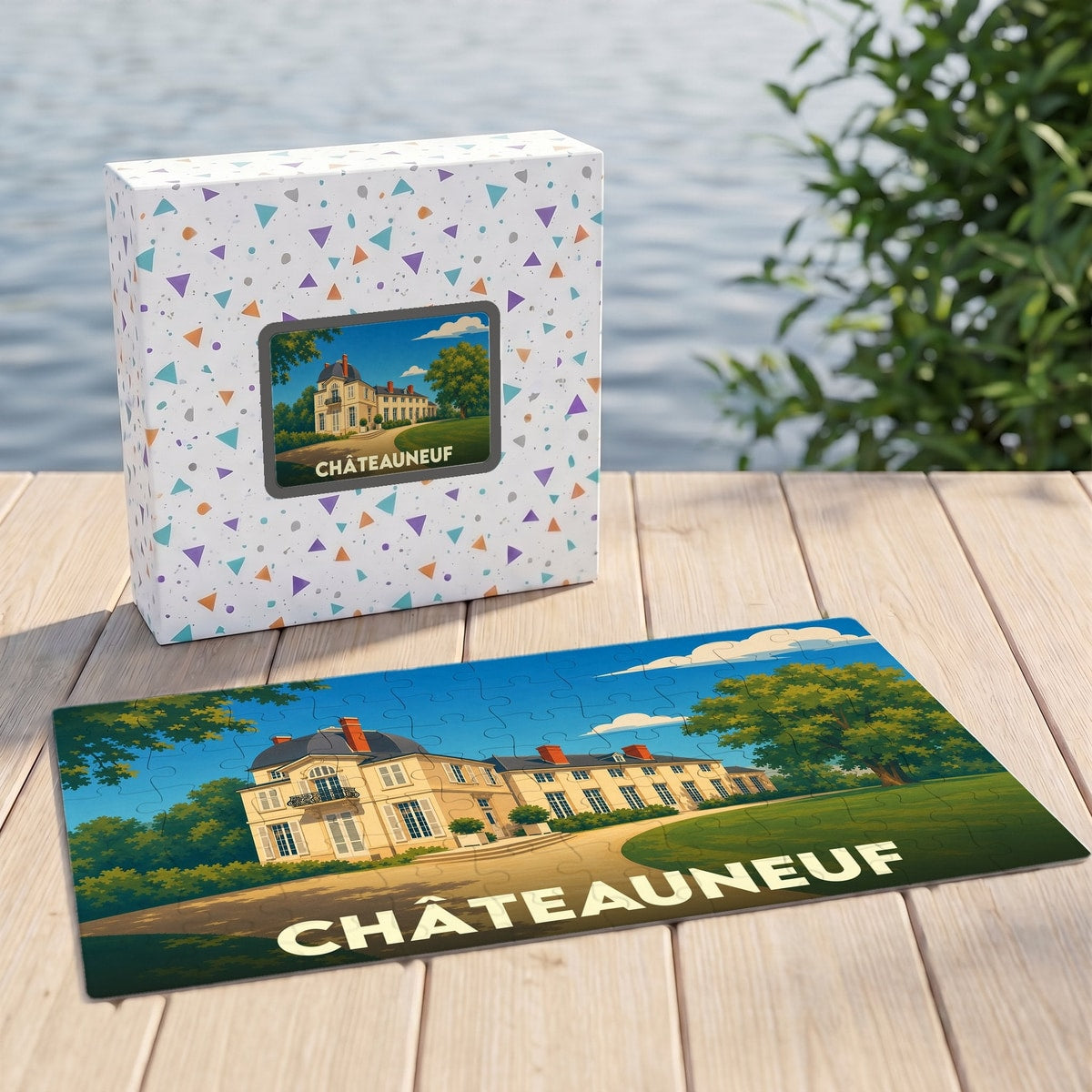 Puzzle souvenir de la ville de Châteauneuf avec une illustration stylisée d'un château.