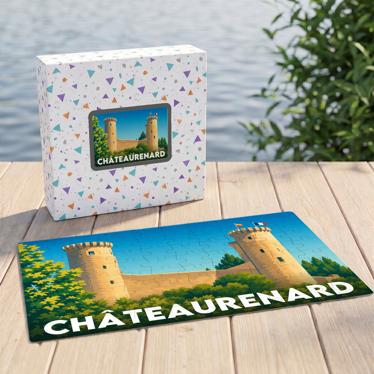 Puzzle souvenir de la ville de Châteaurenard avec une illustration stylisée de son château.