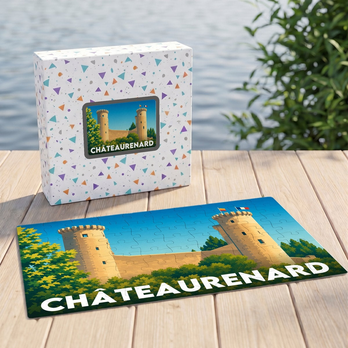 Puzzle souvenir de la ville de Châteaurenard avec une illustration stylisée de son château.