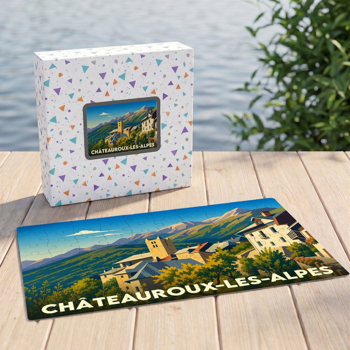 Puzzle souvenir de la ville de Châteauroux-les-Alpes avec une illustration stylisée d'un paysage de montagne.