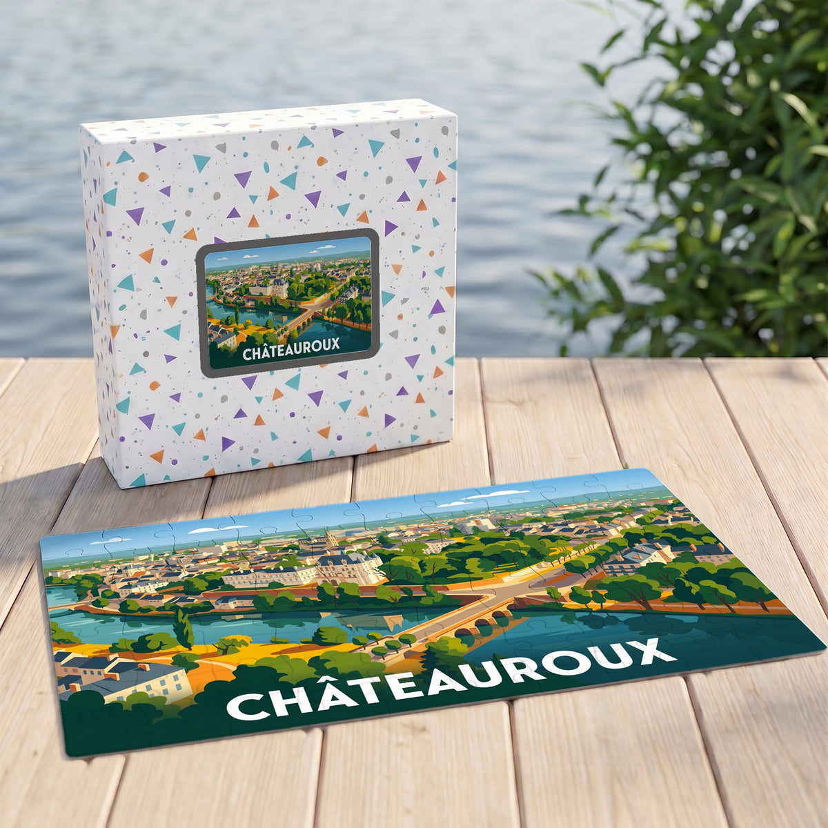 Puzzle souvenir de la ville de Châteauroux avec une illustration panoramique stylisée.