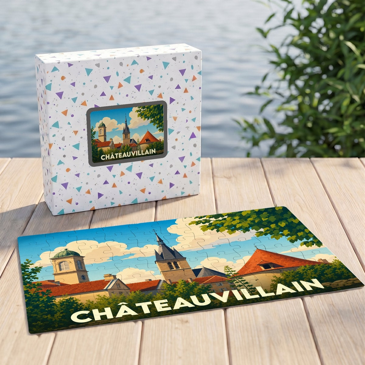 Puzzle souvenir de la ville de Châteauvillain avec une illustration stylisée.