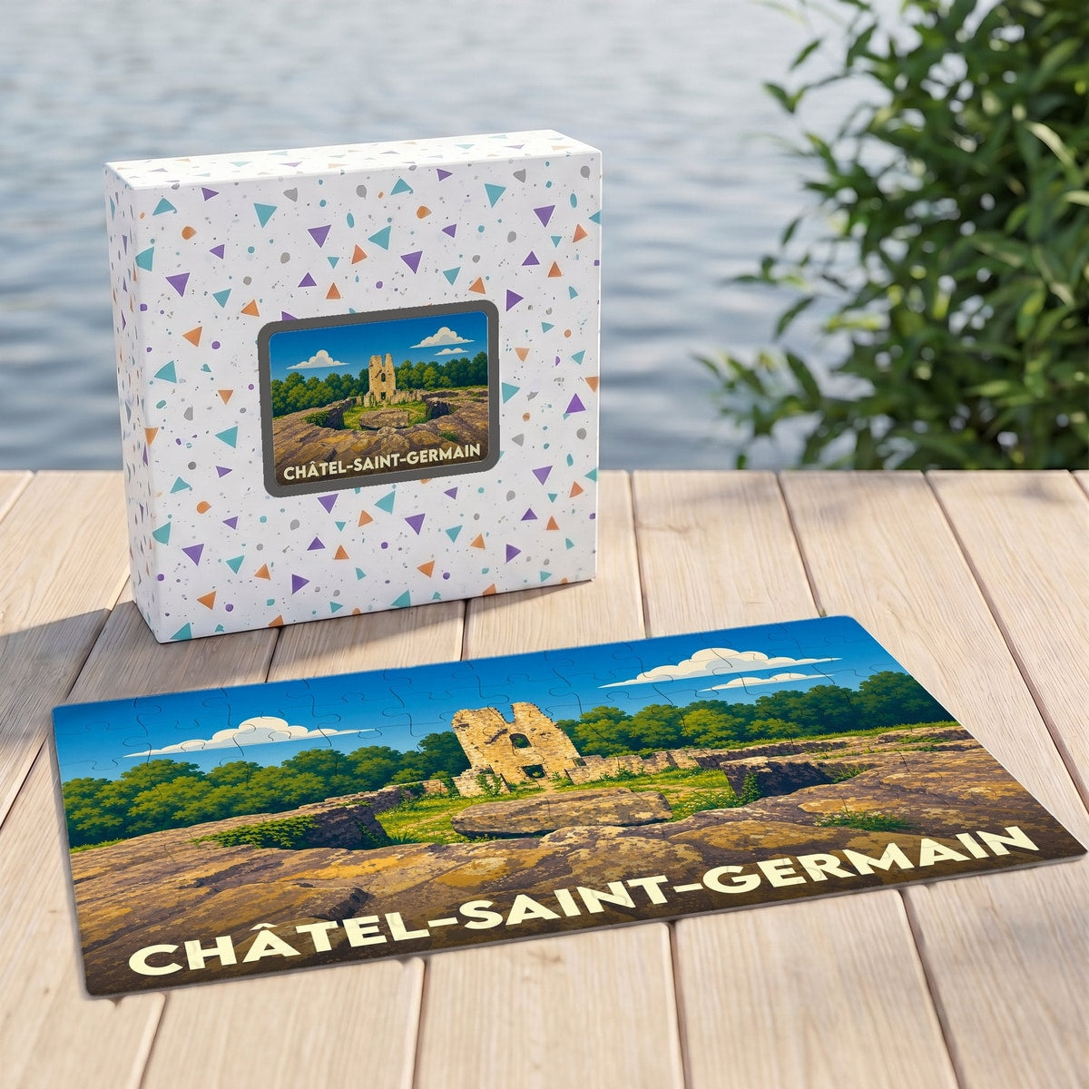 Puzzle souvenir de la ville de Châtel-Saint-Germain avec une illustration stylisée d'un site historique.