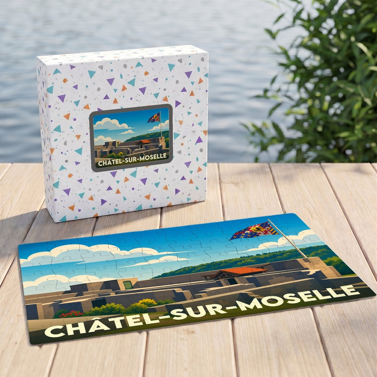 Puzzle souvenir de la ville de Châtel-sur-Moselle présentant une illustration stylisée de sa forteresse et son blason.